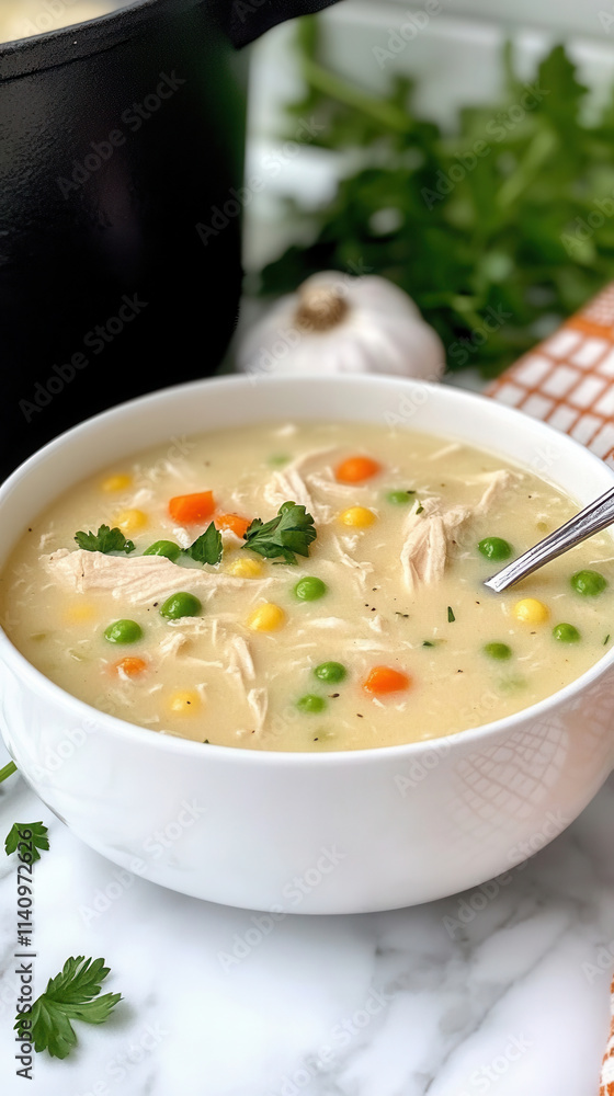 Homemade chicken soup with colorful vegetables served in a white bowl on a kitchen countertop Homemade chicken soup with colorful vegetables served in a white bowl on a kitchen countertop