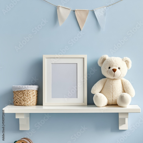 Nursery Shelf Mockup: A charming white shelf against a serene blue wall, adorned with a teddy bear, a blank picture frame, and a small woven basket.