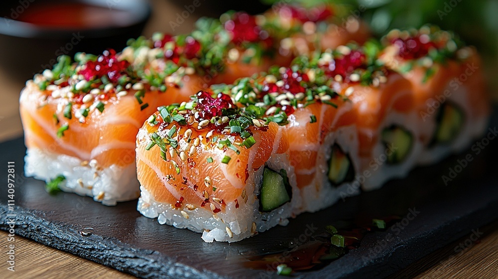 A black plate with sushi, covered in sauce, and garnished with cucumber slices and other decorations A black plate with sushi, covered in sauce, and garnished with cucumber slices and other decorations