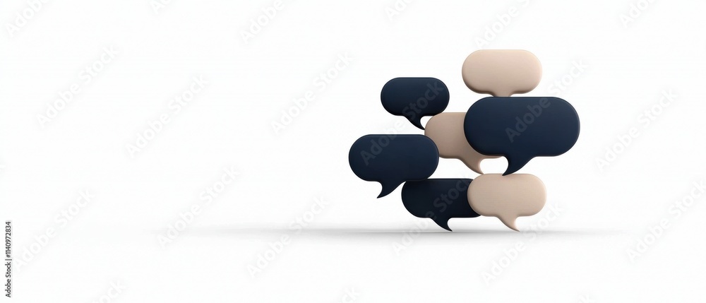 3d rendering of a group of speech bubbles arranged in a pyramid-like structure. the speech bubbles are of different sizes and colors - black, beige, and light pink. 3d rendering of a group of speech bubbles arranged in a pyramid-like structure. the speech bubbles are of different sizes and colors - black, beige, and light pink.