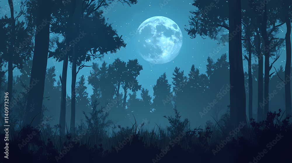 Dense forest landscape with a wolf's silhouette against a full moon background, night sky, arboreal trees, forest. Arboreal. Illustration Dense forest landscape with a wolf's silhouette against a full moon background, night sky, arboreal trees, forest. Arboreal. Illustration
