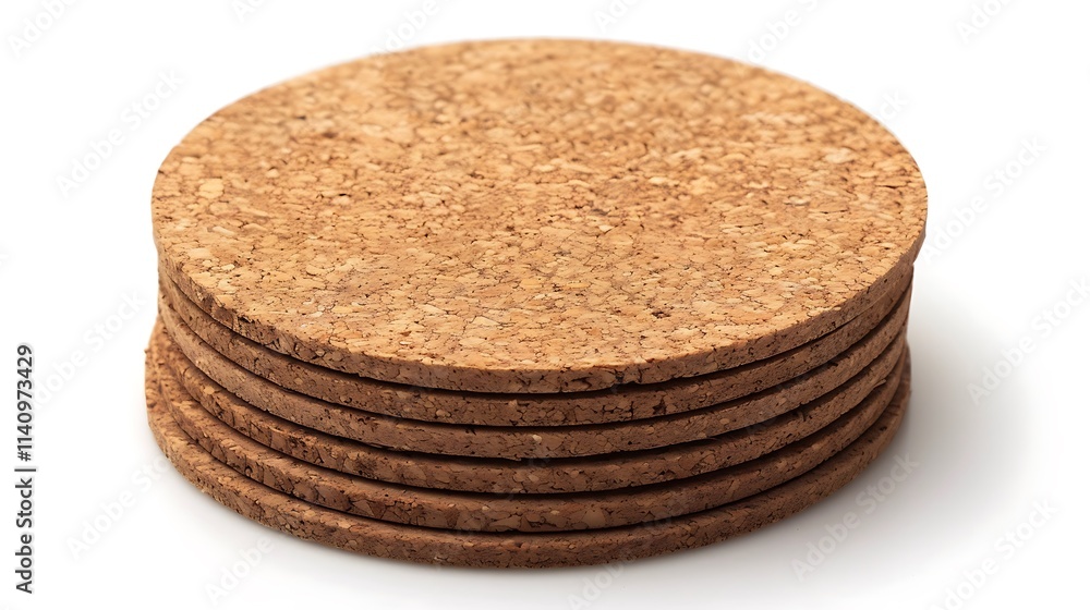 A stack of round coasters made of cork material on a white background A stack of round coasters made of cork material on a white background