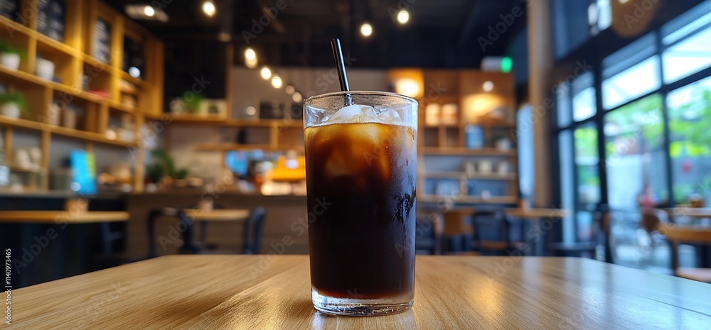 Iced coffee in a glass on a wooden table at a cafe. Iced coffee in a glass on a wooden table at a cafe.
