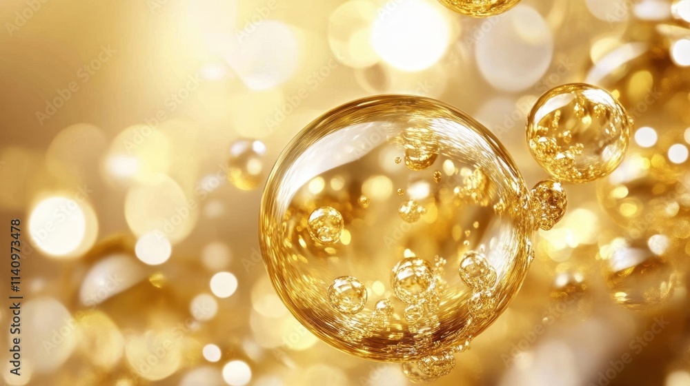 Gold beauty serum bubbles symbolize opulence and luxury in skincare. Gold beauty serum bubbles symbolize opulence and luxury in skincare.