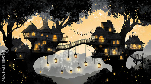 Enchanted arboreal city with treehouses rope bridges lanterns and a black tree fortress. Arboreal. Illustration photo