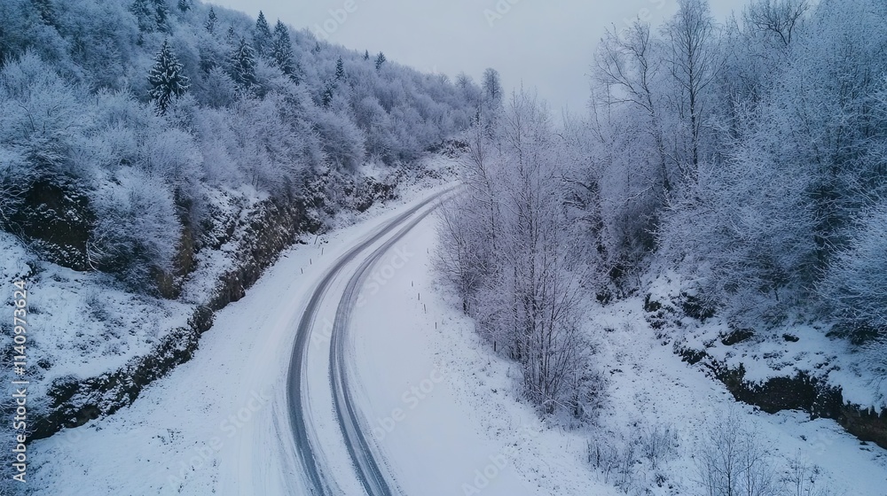 Fototapeta premium Winter snowy road along the forest 