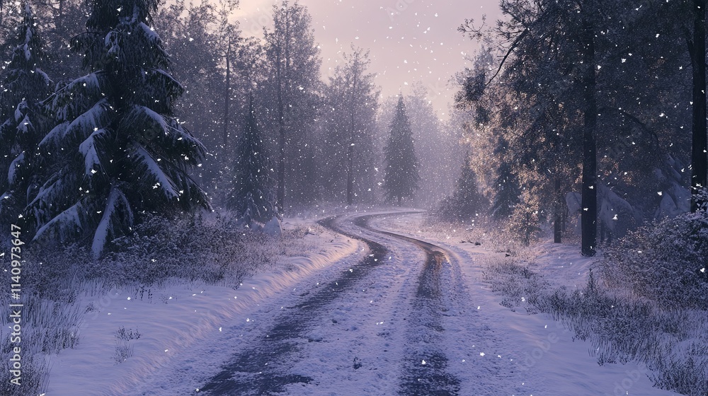 Obraz premium Winter snowy road along the forest 
