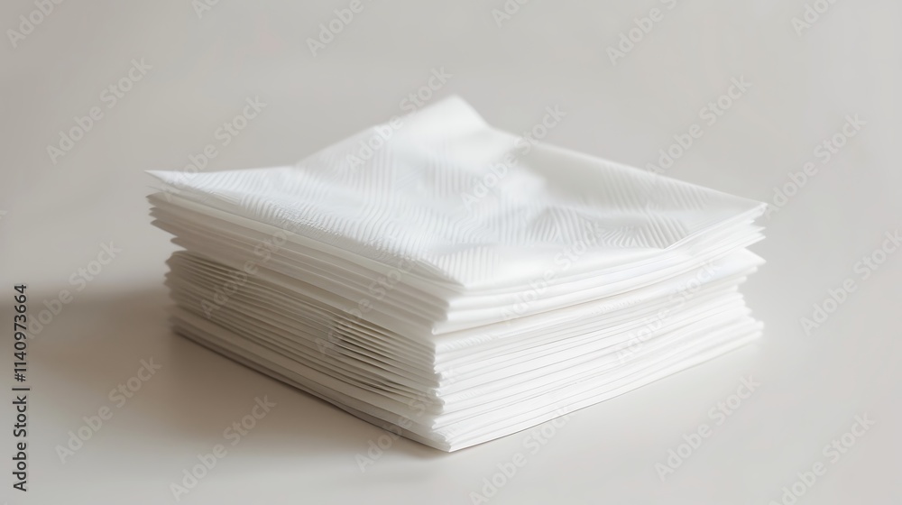 A stack of white paper napkins neatly folded on a white background A stack of white paper napkins neatly folded on a white background