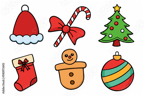 Christmas decorations set with black outline for holiday design