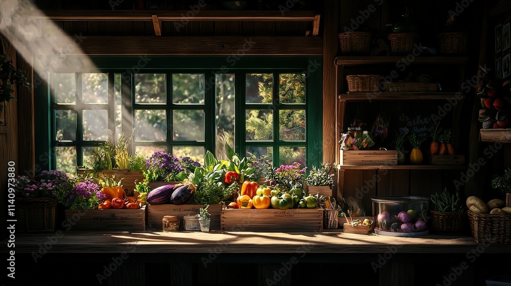 Wooden table filled with diverse fruit and veggie assortment beside green-shuttered window Wooden table filled with diverse fruit and veggie assortment beside green-shuttered window