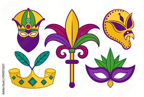 Colorful mardi gras design elements with bold outlines