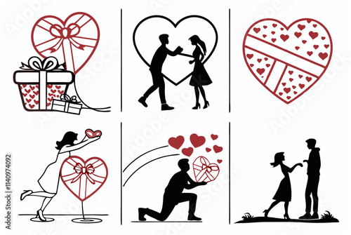 Valentine's Day illustrations with black outlines and hearts