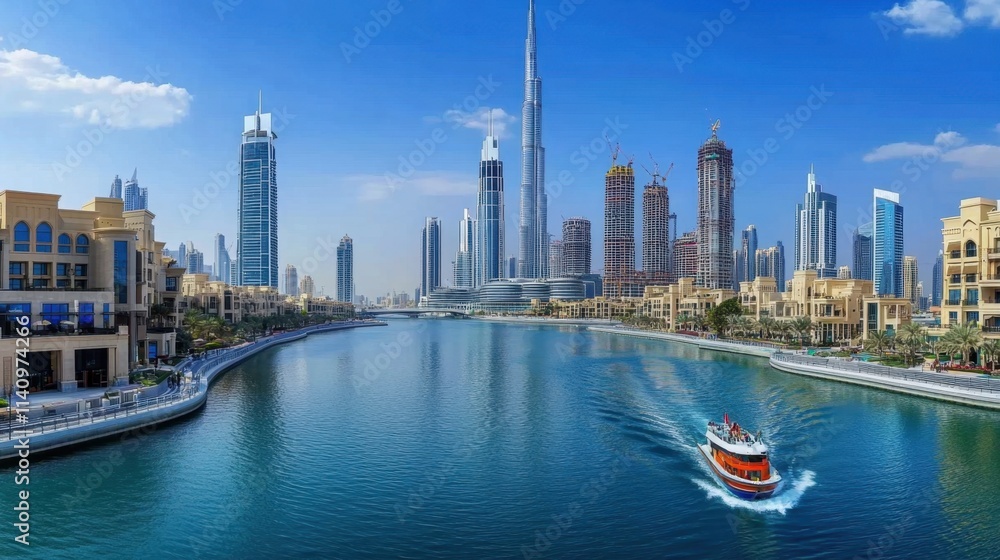Fototapeta premium A breathtaking skyline of Dubai featuring innovative skyscrapers and waterways.