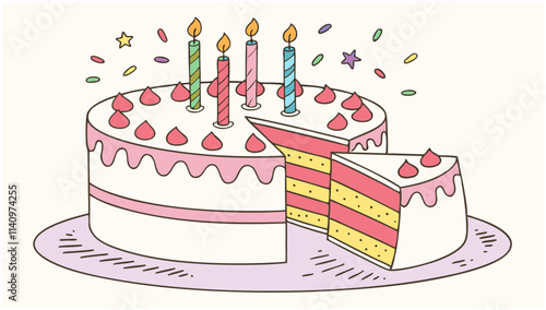 Colorful birthday cake with candles and decorative sprinkles