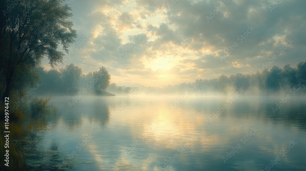 Fototapeta premium Misty sunrise over calm, wooded lake.