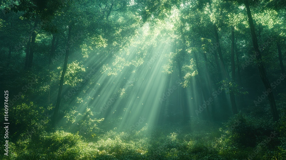 Sunbeams illuminate misty, green forest. Sunbeams illuminate misty, green forest.