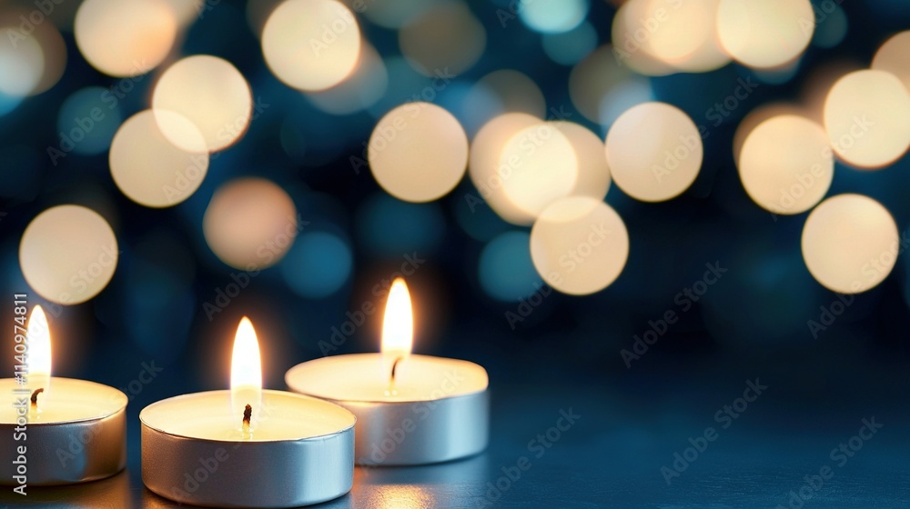 Three lit candles sit on a table against a blurred background with circular lights surrounding them Three lit candles sit on a table against a blurred background with circular lights surrounding them