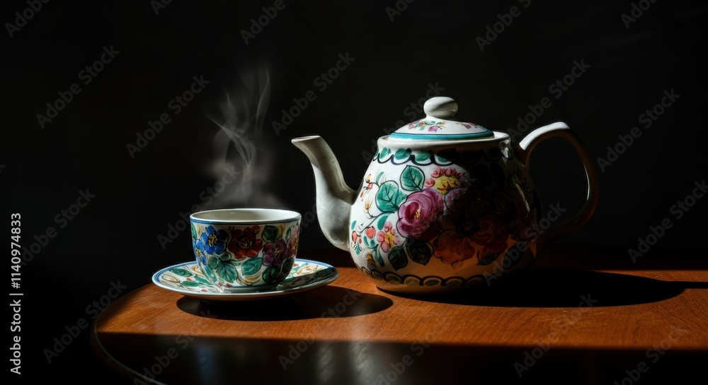 Floral teapot and cup set on wooden table with steam Floral teapot and cup set on wooden table with steam