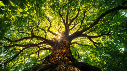 A towering tree with massive branches and an umbrella-like crown of emerald leaves sheltering a hidden glade, arboreal majesty, serene atmosphere. Arboreal. Illustration photo