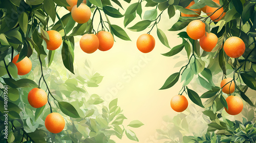 A vibrant depiction of oranges dangling from an arboreal frame, adorned with verdant foliage. Arboreal. Illustration photo