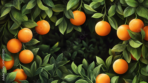 A vibrant depiction of oranges dangling from an arboreal frame, adorned with verdant foliage. Arboreal. Illustration photo