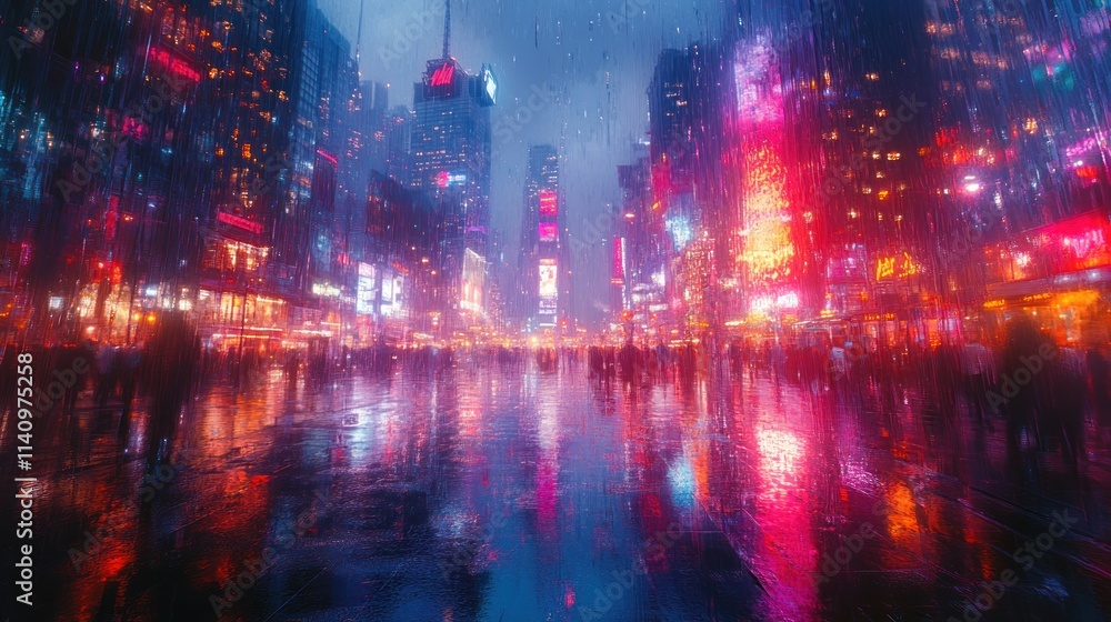 Fototapeta premium Rainy night, neon city, vibrant reflections.