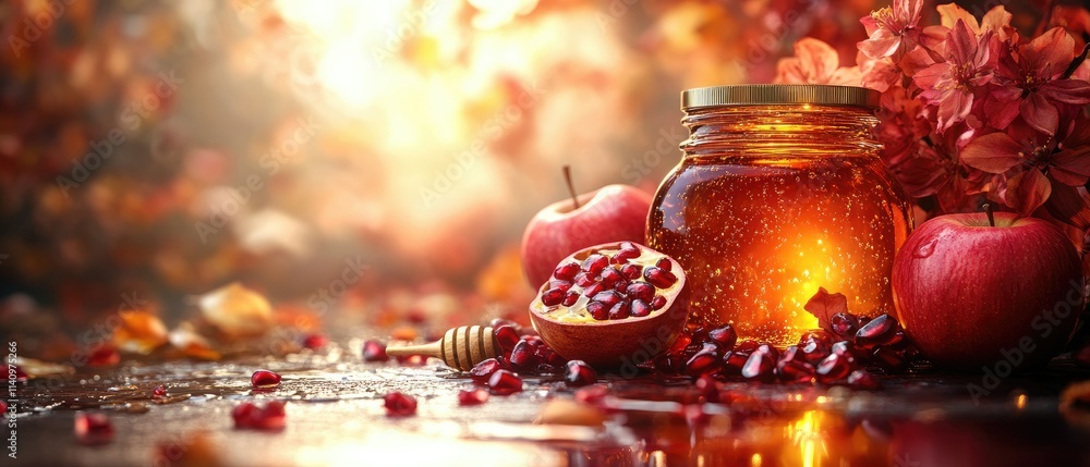 A jar of honey surrounded by apples and pomegranate, set in a warm, autumnal ambiance. A jar of honey surrounded by apples and pomegranate, set in a warm, autumnal ambiance.