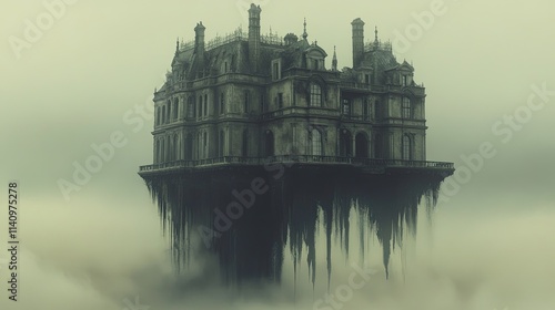 Eerie floating mansion in dense fog. photo