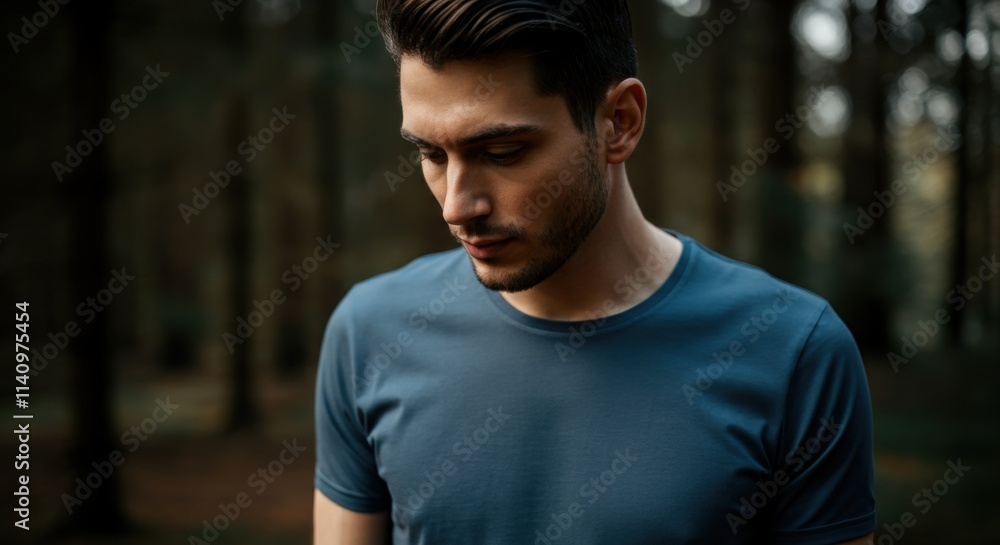 Young caucasian male in blue shirt standing thoughtfully in a forest setting Young caucasian male in blue shirt standing thoughtfully in a forest setting
