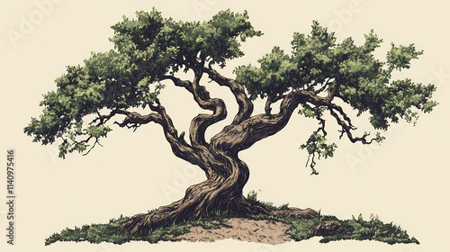 Ancient tree with gnarled branches and moss-covered trunk, ancient, earthy tones, arboreal. Arboreal. Illustration