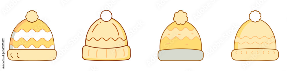 Fototapeta premium Winter hats. Stylish and cozy winter hats with playful pompoms. Vector illustration