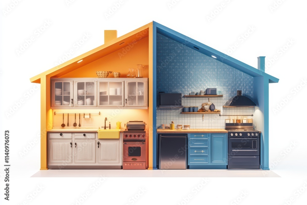 Fototapeta premium a house with two different colors and a kitchen 