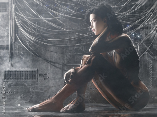 3D rendering of a strong female cyborg character in a futuristic dark environment with soft focus background