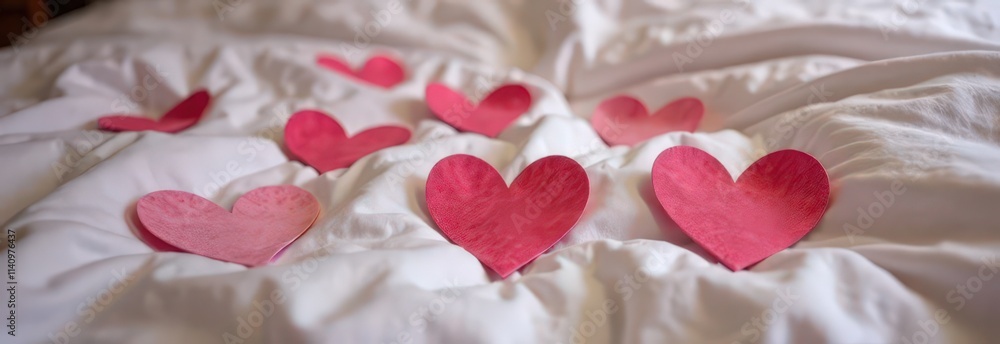 flat lay composition, beautiful cut out hearts on the bottom of the bed background Valentine's Day Card flat lay composition, beautiful cut out hearts on the bottom of the bed background Valentine's Day Card