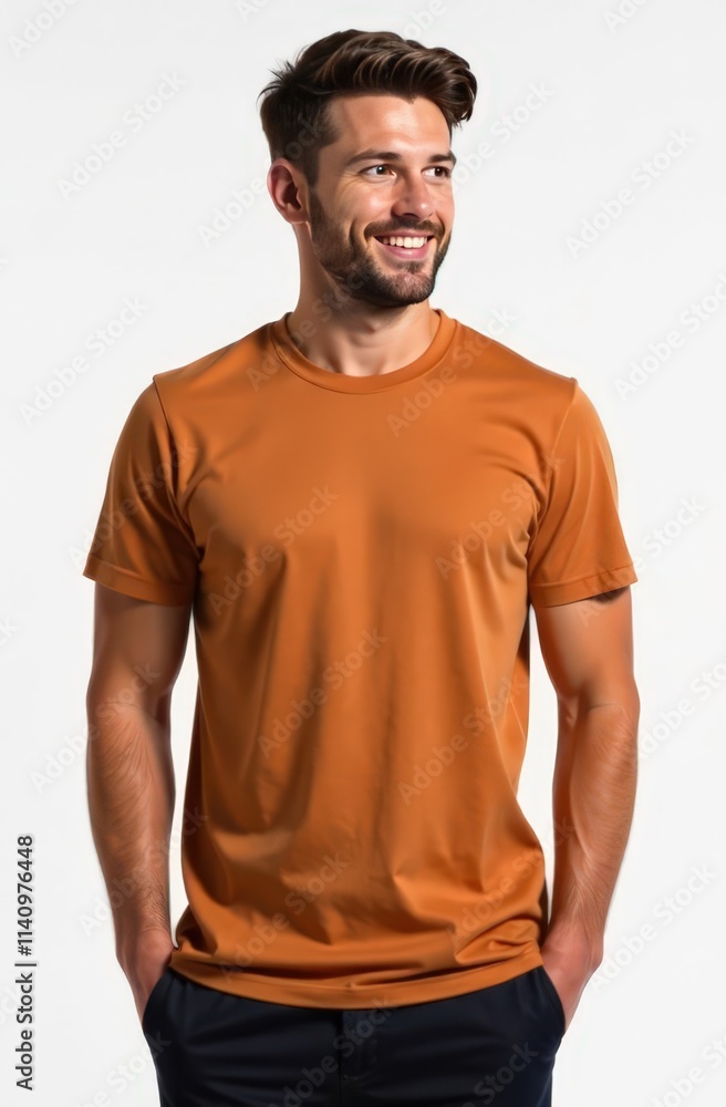 man stands on the left in a color mocha T-shirt, on a white background man stands on the left in a color mocha T-shirt, on a white background