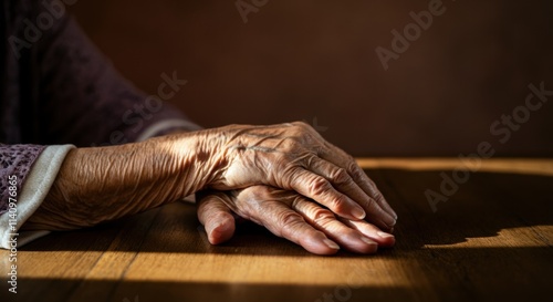Elderly hands resting on wooden table in gentle light