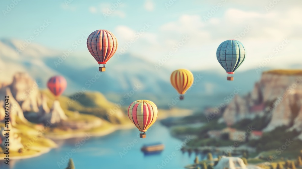 Obraz premium A group of hot air balloons are flying over a river. There are four balloons in total, with one on the left, one in the middle, and two on the right