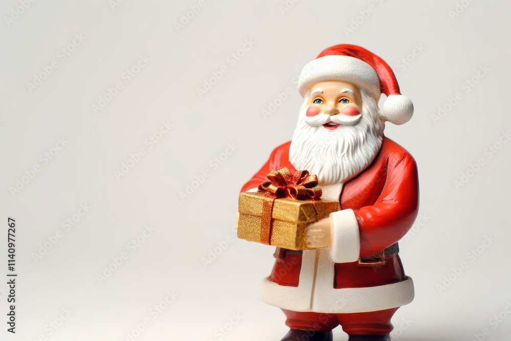 Fototapeta premium Cheerful Santa Claus Figurine Holding a Present in a Festive Swirling Background Ideal for Christmas Celebrations and Holiday Decorations