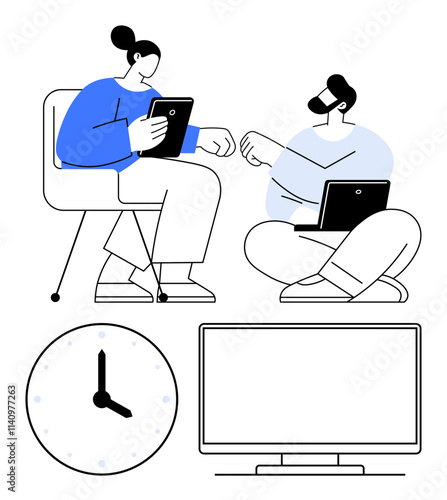Two coworkers using tablets, one on a chair and the other on the floor, gently fist bumping. Large clock and computer monitor nearby. Ideal for teamwork, collaboration, coworking spaces, digital