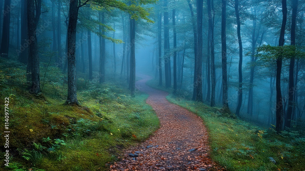 Obraz premium Misty forest path, winding, serene, nature.