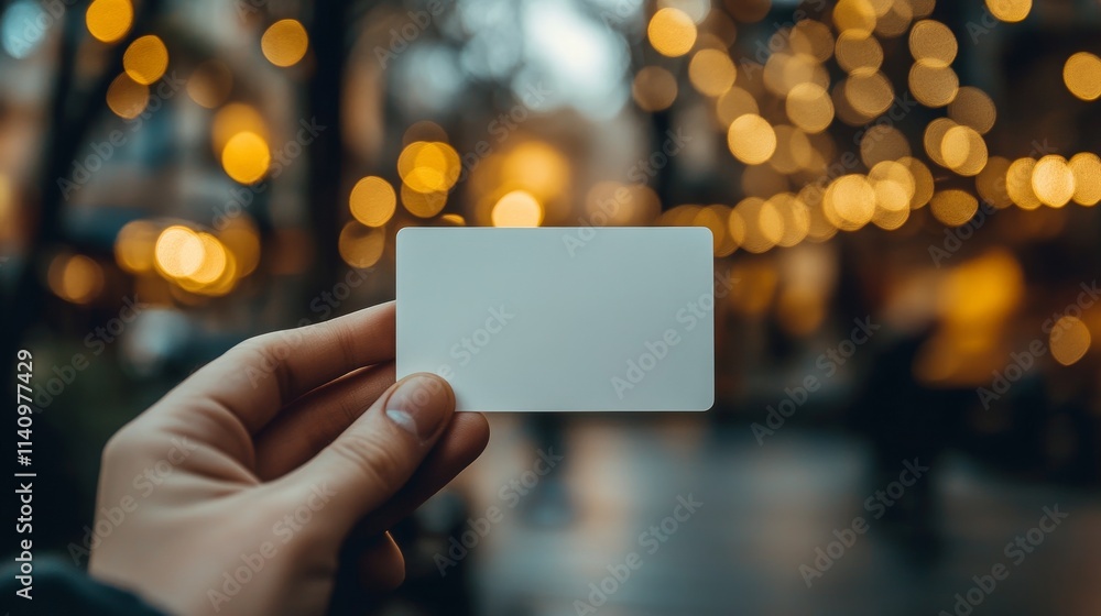 Hand holding a blank card in a softly lit outdoor setting during evening twilight Hand holding a blank card in a softly lit outdoor setting during evening twilight