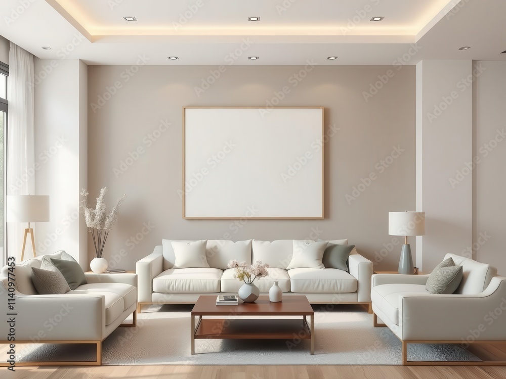 Modern living room with blank wall art mockup, showcasing a minimalist interior design with a neutral color palette and stylish furniture, blank, neutral colors Modern living room with blank wall art mockup, showcasing a minimalist interior design with a neutral color palette and stylish furniture, blank, neutral colors