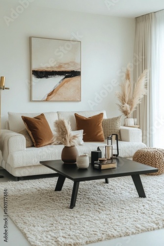 Elegant modern living room with neutral colors and natural decor elements