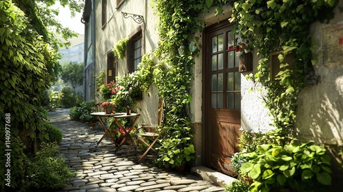 Fototapeta Naklejka Na Ścianę i Meble -    A cobblestone street with potted plants on both sides of a door and a table on the sidewalk