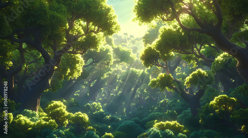A dense, verdant woods brimming with multitudes of arboreal giants, bathed in radiant sunlight emanating from their lofty branches. Arboreal. Illustration