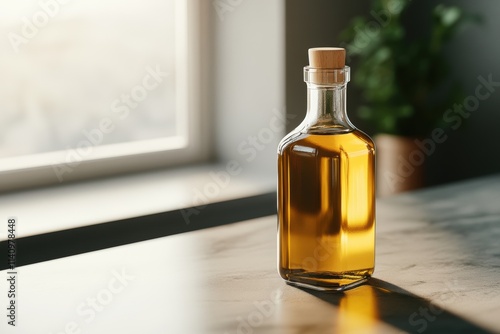 food photography, sunlight illuminates the avocado oil bottle on the counter, emphasizing its deep color from a nearby window
