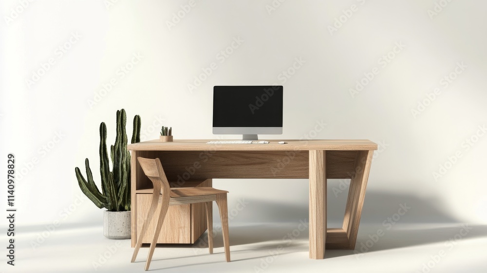 Modern workspace featuring minimalistic furniture and a desk with a computer and plants Modern workspace featuring minimalistic furniture and a desk with a computer and plants