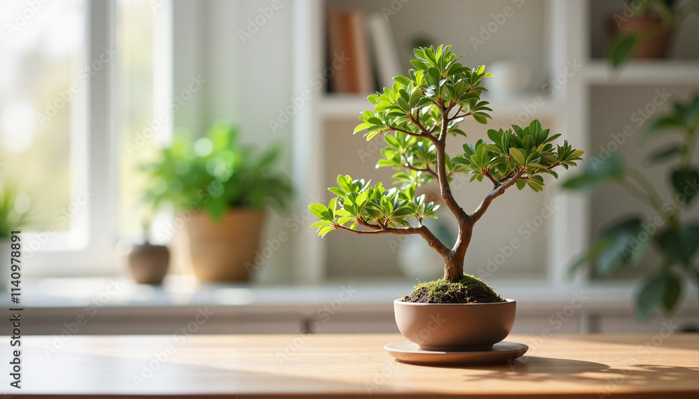 Small bonsai tree in ceramic pot on wooden table. Small bonsai tree in ceramic pot on wooden table.