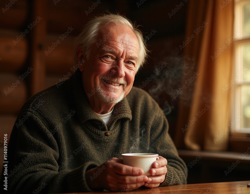 Waist up portrait of joyful senior man holding steaming cup of coffee and smiling at camera sitting in cozy wooden cabin copy space Waist up portrait of joyful senior man holding steaming cup of coffee and smiling at camera sitting in cozy wooden cabin copy space