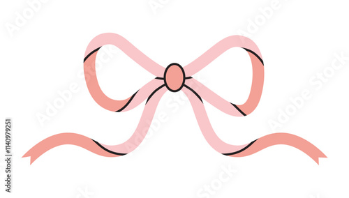 Pink ribbon bow, decorative bowknot for gift packaging. Coquette and balletcore aesthetic, girly accessory. Trendy modern vector illustration isolated on white, hand drawn, flat design